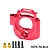 A red anodized aluminium adjustable motor mount by GPM Racing, shown with two brass bushings and four black screws on a white background.