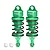 Two green GPM Racing aluminium adjustable RC shock absorbers with black springs and two white ball joint inserts on a white background.