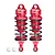 Two red GPM Racing aluminium adjustable RC shock absorbers with black springs and two small white plastic pivot balls on a white background.