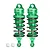 Two green GPM Racing aluminium adjustable RC shock absorbers with black springs and two small white plastic ball ends on a white background.