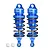 Two blue GPM Racing aluminium adjustable RC shock absorbers with black springs and two small white plastic ball joint inserts on a white background.