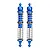 Two blue GPM Racing aluminium adjustable double spring RC shock absorbers standing vertically against a white background.