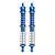 Two GPM Racing blue aluminium adjustable double-spring RC shock absorbers standing vertically against a white background.