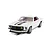 A 1/32 scale Scalextric Ford Mustang slot car in white with black racing stripes, featuring yellow fog lights and a detailed red interior.