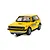 A 1/32 scale Scalextric slot car model of a yellow Volkswagen Golf MK 1 GTI with Juicy Fruit and Shell Sport racing liveries.