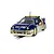 A Scalextric 1/32 scale Ford RS200 slot car in blue and cream livery with Q8 Oils branding, positioned on a slot car track.
