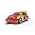 A Scalextric 1/32 scale Austin Metro 6R4 slot car in red, yellow, and white Castrol livery with number 33, shown on a slot car track.