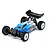 Kyosho Lazer ZX7.5 1/10 scale 4WD electric RC buggy with blue and white body shell, black rear wing, and off-road tires on a white background.
