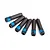 Six black metal grub screws with blue thread locker on the threads, arranged in a fan shape on a white background.