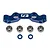 Factory Team blue anodised aluminium Ackerman plate with four metal ball bearings and two small blue spacers on a white background.