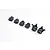 A set of six black plastic portal axle housing components for an RC vehicle, arranged in a line on a white background.
