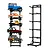 A black metal RC car display rack shown both empty and loaded with five different scale model RC off-road vehicles against a white background.