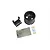 A black 6-spoke RC transmitter steering wheel accessory kit including a wheel, mounting bracket, and adhesive decals on a white background.