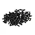 A pile of small black Phillips head screws for RC body shells on a white background.