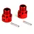Two red anodized aluminum wheel hex adapters with threaded shafts and two small metal drive pins on a white background.