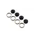 A set of four black rubber axle boots and four metal rings for TLR RC vehicles, arranged on a white background.