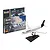 Revell 1/144 scale Airbus A320neo Lufthansa model kit, including packaging with paints, glue, and brush, alongside the assembled and painted model on a stand.