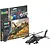 Revell 1/100 AH-64A Apache helicopter plastic model kit with packaging, including paints and glue, and a fully assembled model helicopter.
