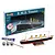 Revell 1/1200 scale R.M.S. Titanic plastic model starter kit, including the box, assembled ship model, glue, paints, and a paintbrush.