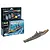 Revell 1/1200 scale USS New Jersey model kit box with included paints, brush, and glue, alongside a fully assembled and painted model ship.