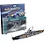 Revell 1/1200 scale Bismarck battleship plastic model kit with packaging, paint, glue, and brush, alongside a fully assembled and painted model.