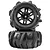 Two Pro-Line 1/16 Dumont MT paddle tyres pre-mounted on black split-six RC wheels, stacked vertically against a white background.