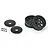 Two black Pro-Line 2.2 inch sprint car wheels with matching wheel covers and small mounting screws on a white background.