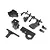 A set of black plastic RC car parts including transmission case halves, a motor mount plate, and linkage components on a white background.
