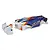 ARRMA 1/7 Limitless painted RC car body shell in white and blue with red and yellow accents, shown with a separate front nose piece on a white background.