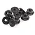 A cluster of ten black steel flanged serrated wheel nuts for RC vehicles.
