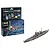 Revell 1/1200 scale Gneisenau battleship model kit box and a fully assembled, painted grey model ship on a white background.