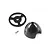 A black plastic RC plane spinner assembly including the cone, backplate, and a small metal screw on a white background.