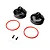 Two black aluminium RC shock caps with red O-rings, small black screws, and tiny washers on a white background.