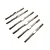 A set of six silver-coloured steel turnbuckles arranged diagonally on a white background.