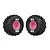 Two ARRMA dBoots Cut Chevron monster truck tyres mounted on bright pink plastic rims against a white background.