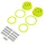 Two yellow RC beadlock rims, four yellow beadlock rings, and a set of black mounting screws arranged on a white background.
