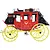 A detailed 1/12 scale wooden model of an 1848 Wild West stagecoach with a red body, yellow wheels, and black leather-look accents.