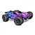 Traxxas Rustler 4X4 RC stadium truck in a vibrant purple and blue graphic paint scheme, shown from a three-quarter front angle on a white background.