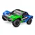 Traxxas Slash 4X4 RC short course truck with a green and blue body, black wheels, and off-road tires, shown from a front three-quarter angle.