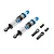 Two Pro-Line Pro-Spec blue and silver aluminium RC shock absorbers with spare rod ends and bump stops on a white background.
