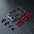 MST carbon fiber front suspension arm mount set with red anodized aluminum components and black screws on a textured black surface.