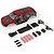 ARRMA Gorgon 1/10 scale RC truck body shell in red and black with included plastic accessories and red coil springs on a white background.