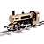 A gold and black Teching DM221 steam train model kit sitting on a grey plastic train track against a white background.