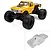 A composite image showing a fully assembled yellow RC monster truck and an unpainted, clear polycarbonate body shell for the Pro-Line Brunt truck.