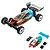 Pro-Line 1/28 Micro-B Crowd Pleazer body shell with flame design, shown installed on a buggy and as a separate kit with accessories.