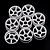 A set of eight white plastic RC car rims with a five-spoke design arranged on a black background.