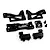 A set of black anodized aluminium RC car parts including servo mounts, chassis braces, and small screws on a white background.