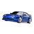 A studio shot of a blue Traxxas Nissan 240SX RC drift car with white wheels on a white background.