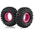Two black rubber RC crawler tyres with aggressive tread patterns and bright pink foam inserts, isolated against a white background.