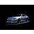A studio shot of a silver 1999 Nissan Skyline GT-R R34 model car with blue racing stripes and decals against a black background.